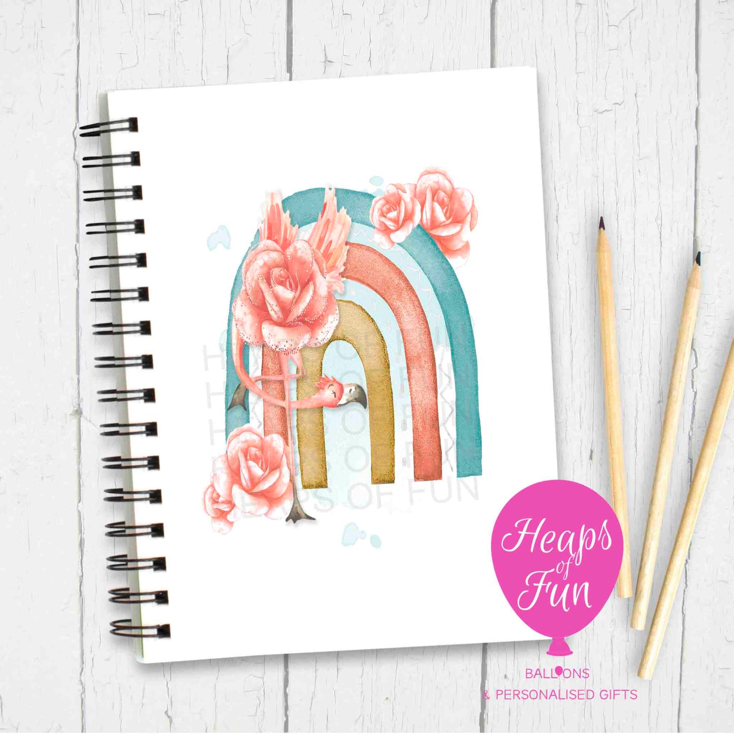 Flamingo Rainbow Notebook – Pink Flamingo with Floral Rainbow Journal