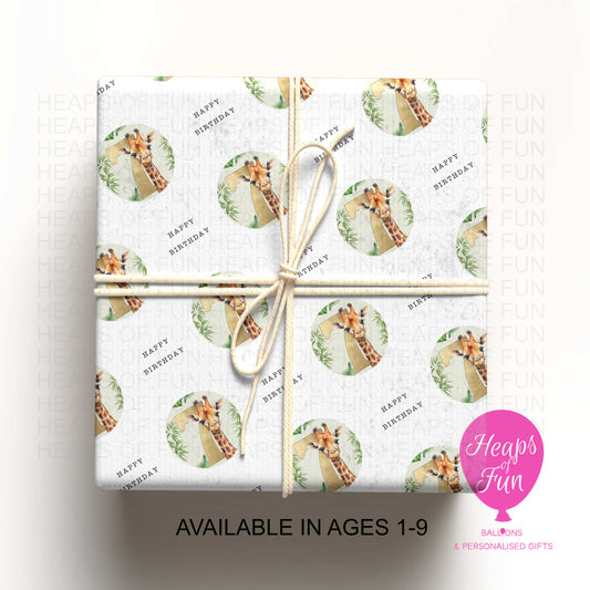 Personalised Giraffe Wrapping Paper – Custom Age Birthday Gift Wrap for Kids – Jungle Safari Party Paper