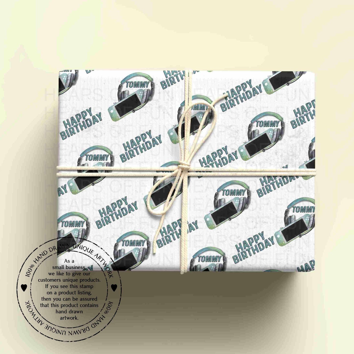 Personalised Gaming Birthday Wrapping Paper – Gamer Gift Wrap with Name – Video Game Wrapping Paper for Kids & Teens - GREEN/BLUE