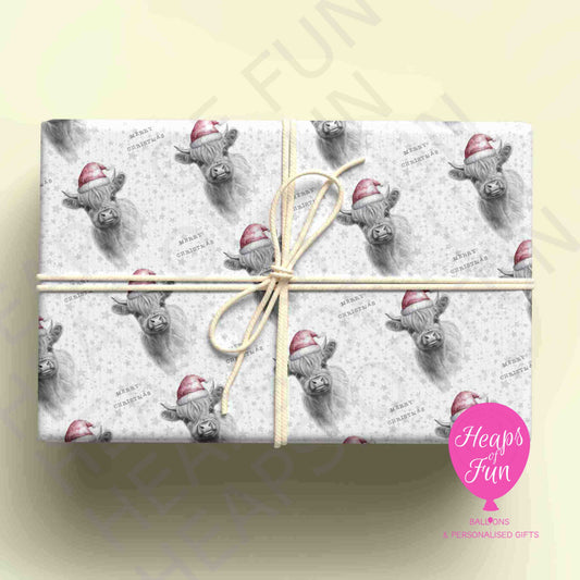 Personalised Highland Cow Christmas Wrapping Paper – Custom Name Gift Wrap