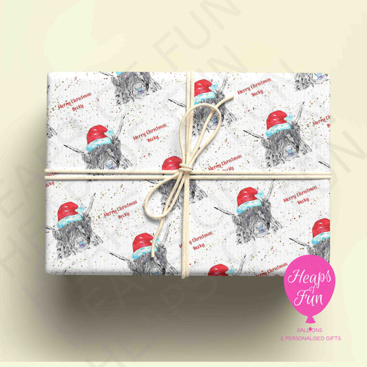 Personalised Highland Cow Christmas Wrapping Paper – Custom Name Gift Wrap