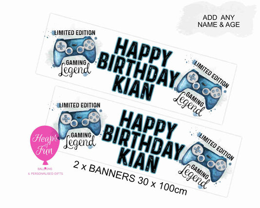 “Personalised gaming birthday banner with custom name – 30x100cm, 3 controller designs”