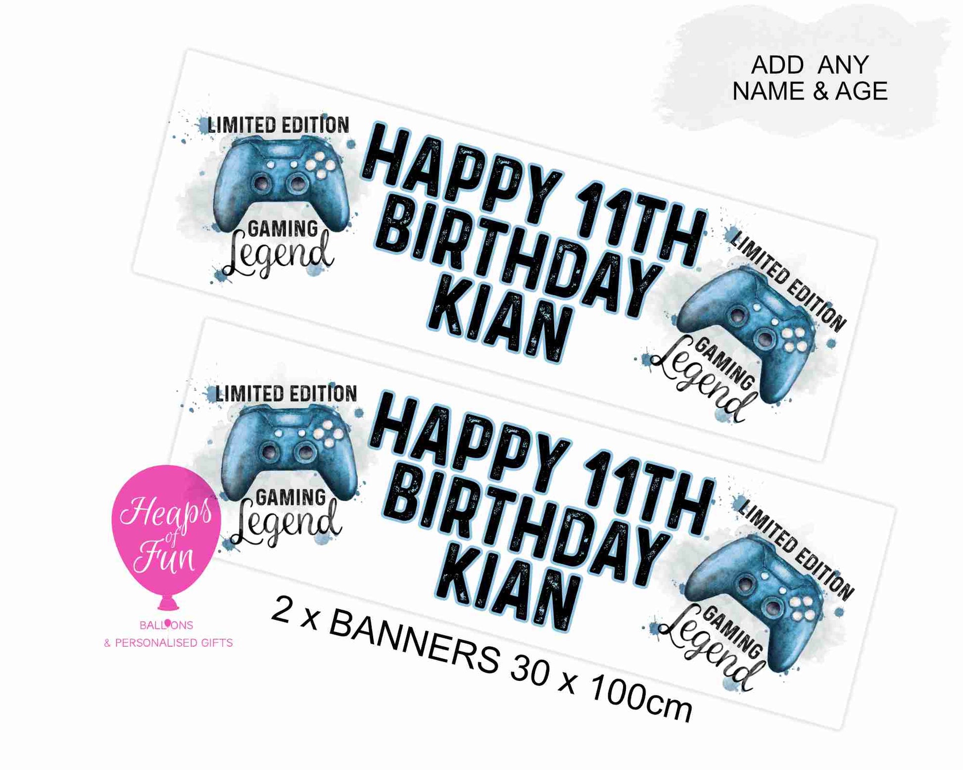 “Personalised gaming birthday banner with custom name – 30x100cm, 3 controller designs”
