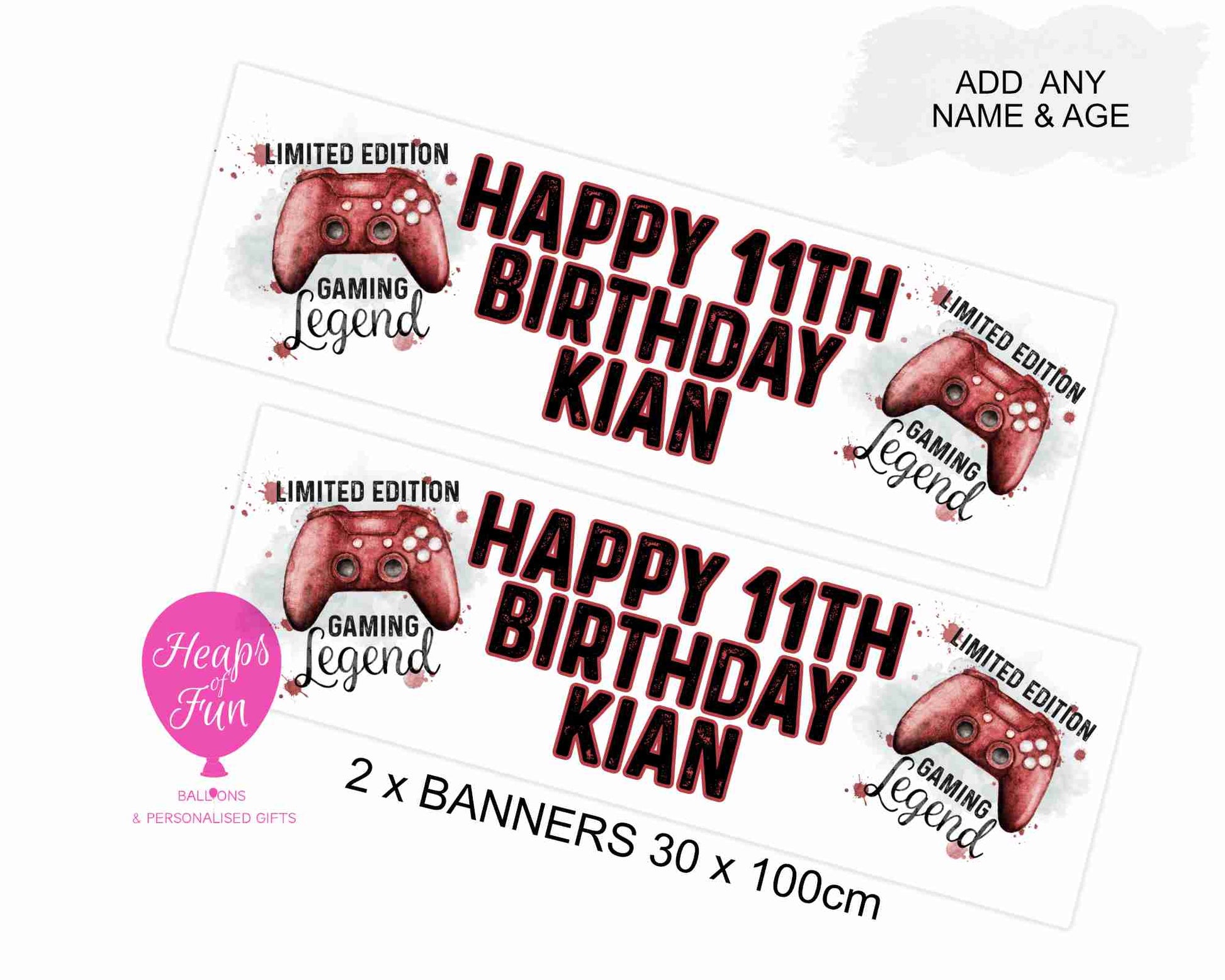 “Personalised gaming birthday banner with custom name – 30x100cm, 3 controller designs”