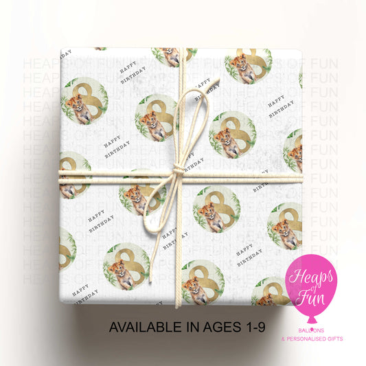 Personalised Lion Wrapping Paper – Custom Age Birthday Gift Wrap for Kids – Jungle Safari Party Paper