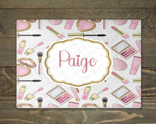 Personalised glass makeup board with pink and gold makeup print and custom name, for vanity dressing table