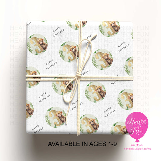 Personalised Monkey Wrapping Paper – Custom Age Birthday Gift Wrap for Kids – Jungle Safari Party Paper