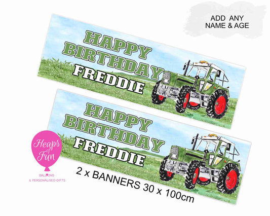 “Personalised green tractor birthday banner – 30x100cm custom party design”