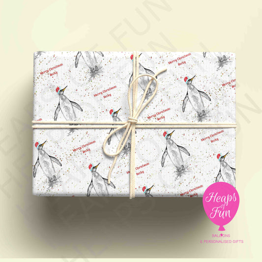 Personalised Penguin Christmas Wrapping Paper – Custom Name Gift Wrap