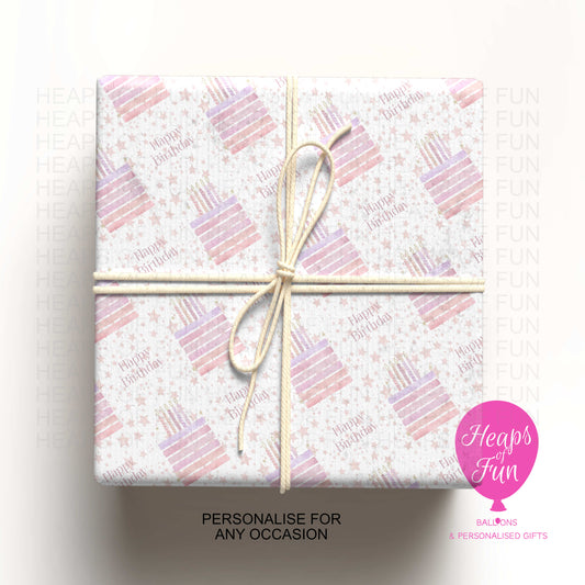 Pink Birthday Cake Wrapping Paper – Happy Birthday Gift Wrap | Personalised Option