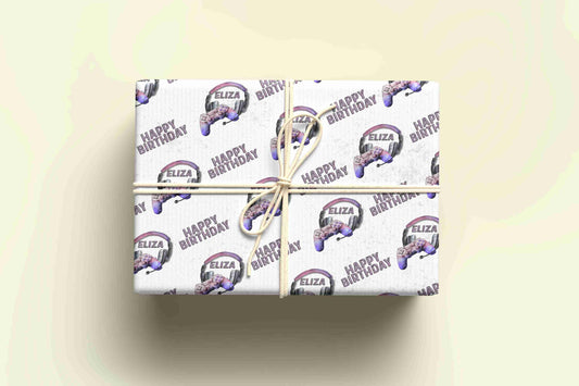 Personalised Gaming Wrapping Paper - Pink/Purple  - Various Controllers