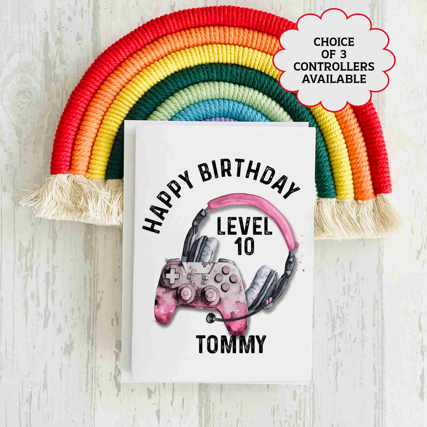 Gaming Birthday Card - Add any name and age - Pink Controller