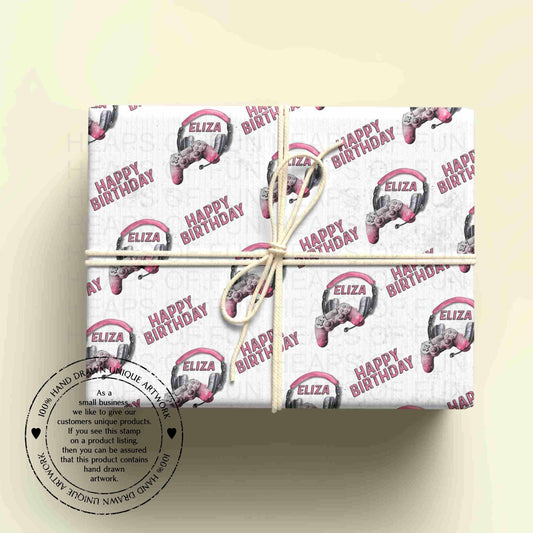 Personalised Gaming Birthday Wrapping Paper – Gamer Gift Wrap with Name – Video Game Wrapping Paper for Kids & Teens - PINK