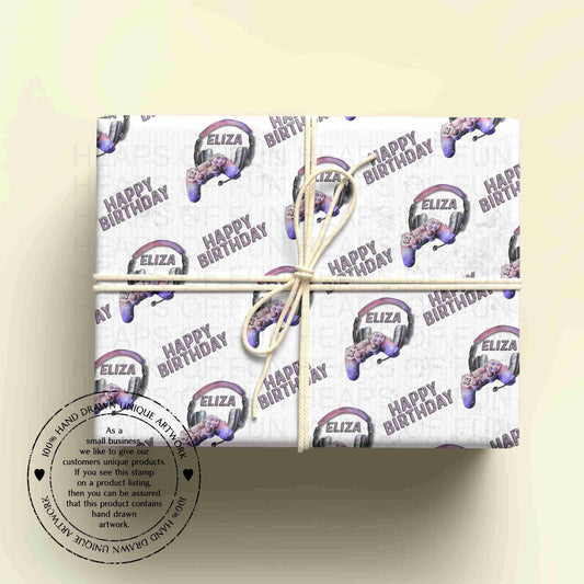 Personalised Gaming Birthday Wrapping Paper – Gamer Gift Wrap with Name – Video Game Wrapping Paper for Kids & Teens - PINK/PURPLE