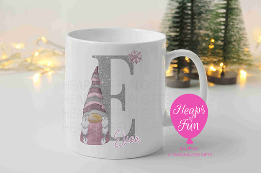 Personalised Christmas mug with pink gnome, silver glitter initial, pink snowflake and name