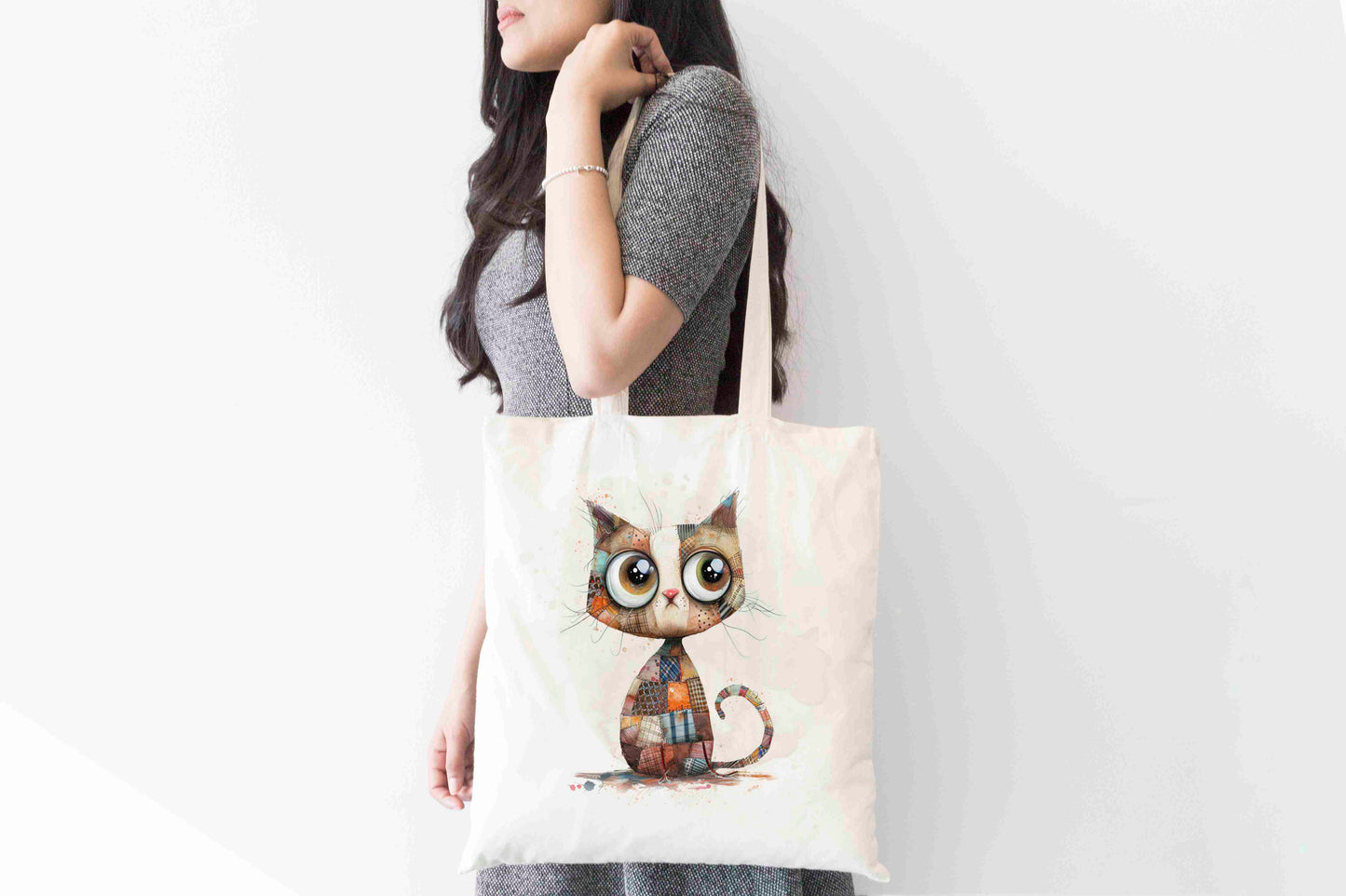Quirky Patchwork Cat Tote Bag – Whimsical Colourful Animal Design