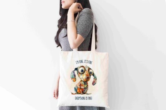 Quirky Patchwork Dog Tote Bag – Funny “I’m Fine” Design