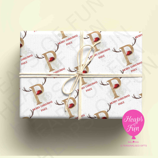 Personalised Reindeer Initial Christmas Wrapping Paper – Custom Name Gift Wrap