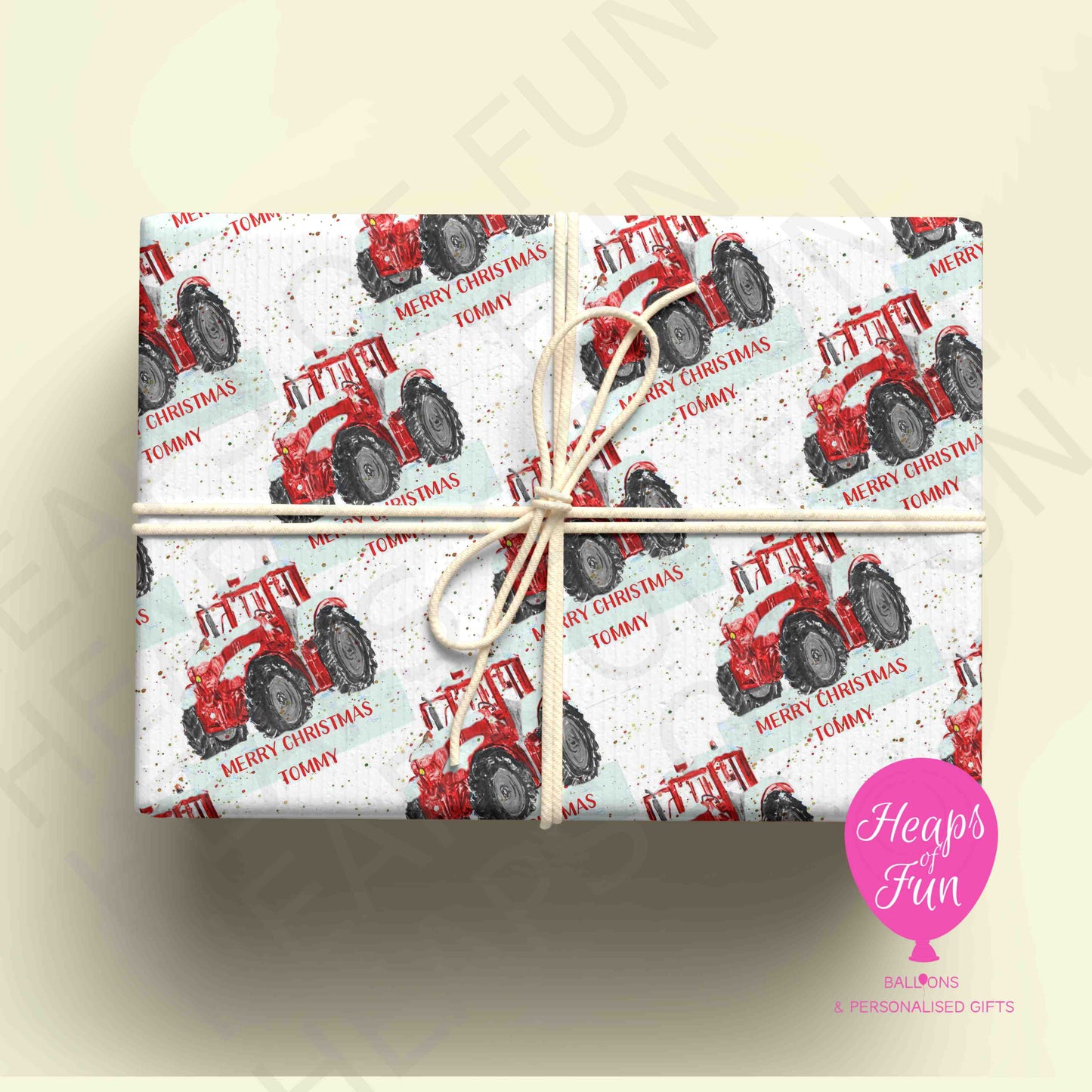 Personalised Red Tractor Christmas Wrapping Paper – Custom Name Gift Wrap