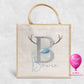 Personalised Christmas jute bag with silver reindeer initial, blue nose and name