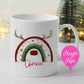 Personalised Christmas mug with red, gold and green glitter reindeer rainbow and name