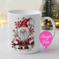 Personalised Christmas mug with red Santa gnome, snowflakes and name