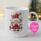 Personalised Christmas mug with red Mrs Claus girl gnome, snowflakes and name