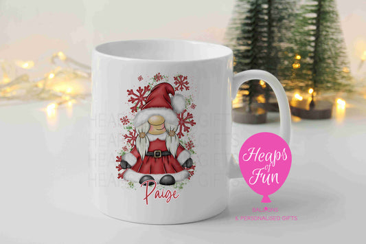 Personalised Christmas mug with red Mrs Claus girl gnome, snowflakes and name