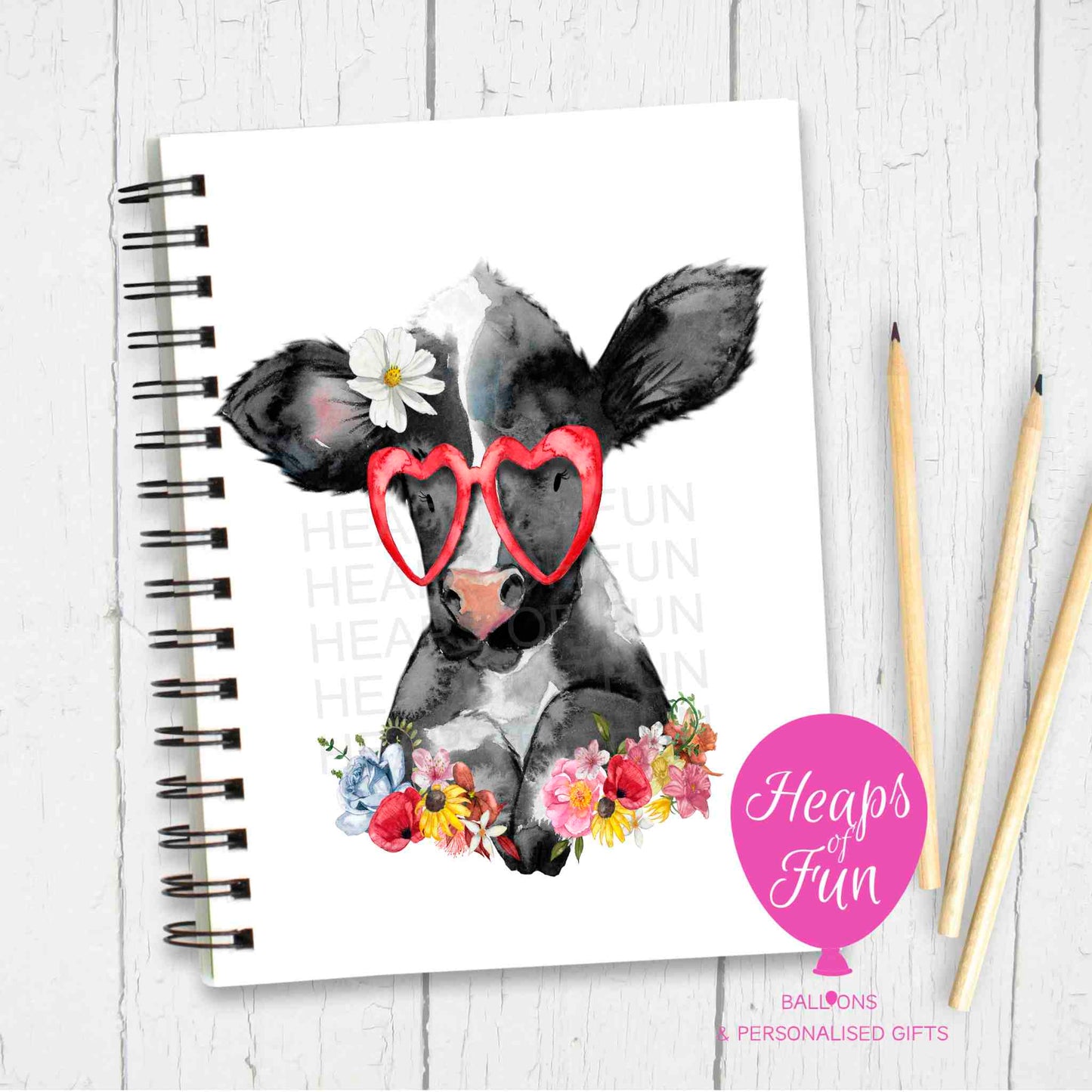 Sassy Cow Notebook – Cute Cow Journal with Heart Glasses & Flowers