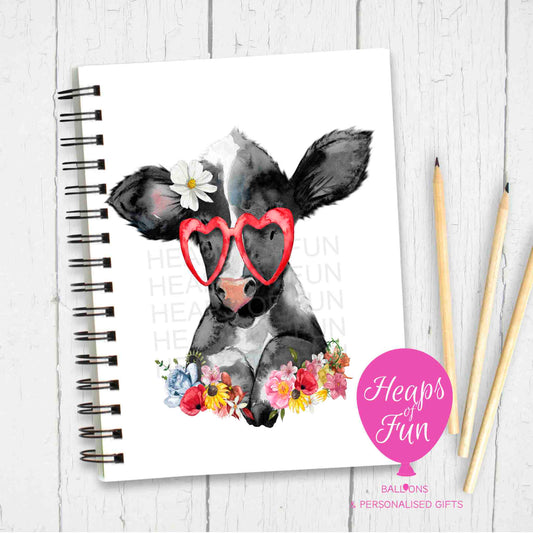 Sassy Cow Notebook – Cute Cow Journal with Heart Glasses & Flowers