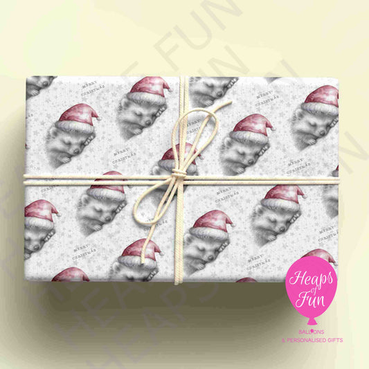 Personalised Sleeping Hedgehog Christmas Wrapping Paper – Custom Name Gift Wrap