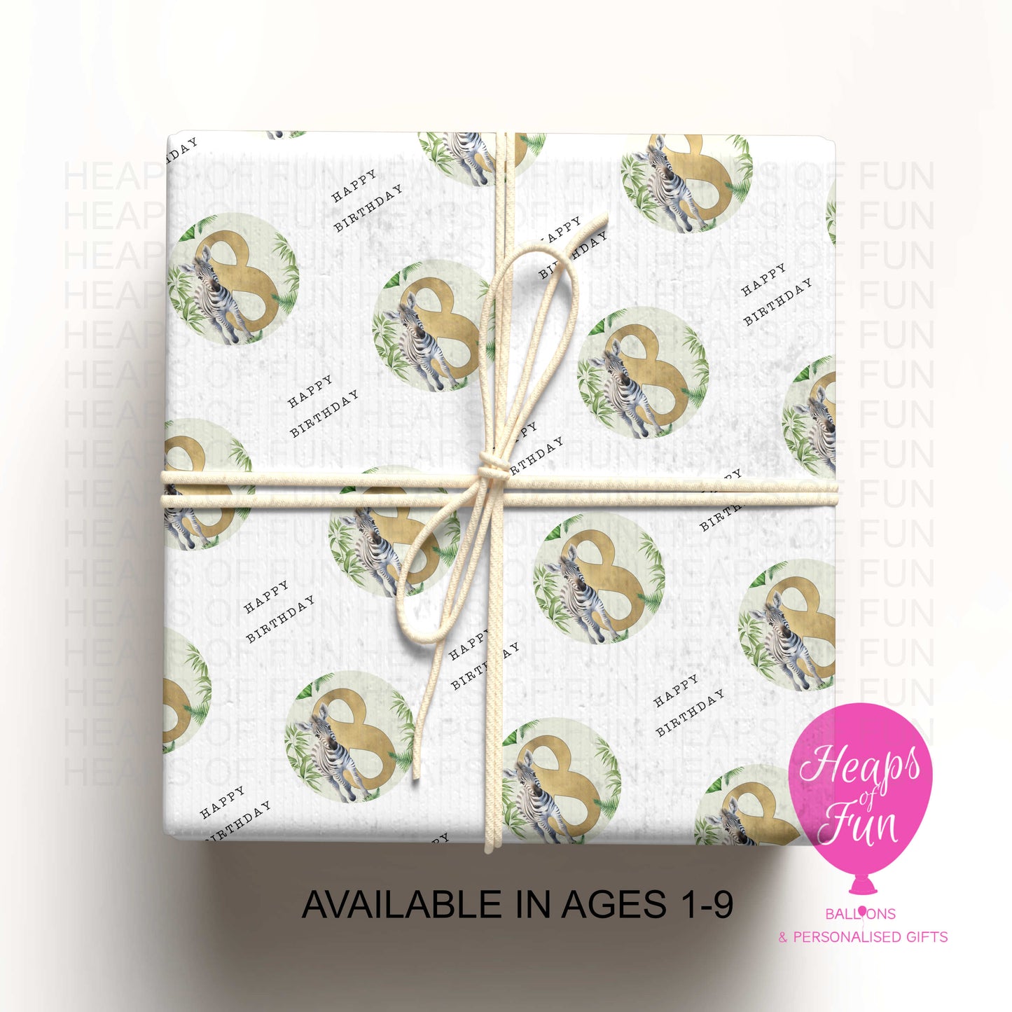 Personalised Zebra Wrapping Paper – Custom Age Birthday Gift Wrap for Kids – Jungle Safari Party Paper