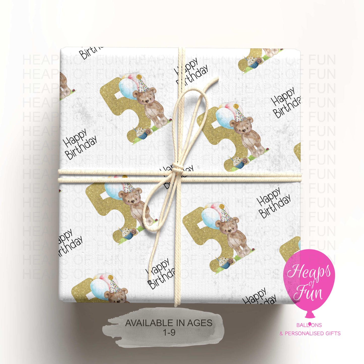 Personalised Age Birthday Wrapping Paper – Bear Design (Ages 1–9)
