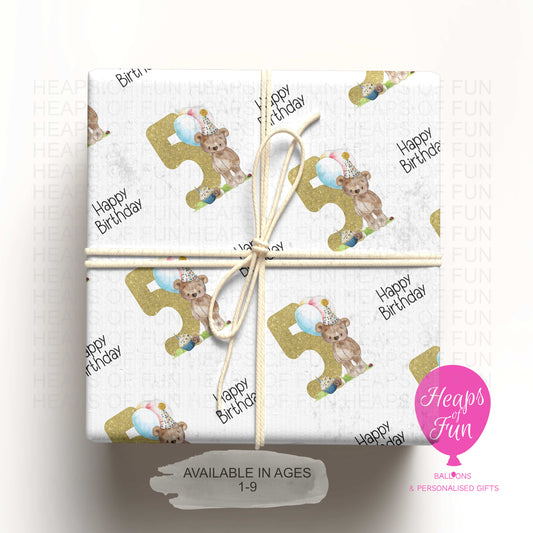 Personalised Age Birthday Wrapping Paper – Bear Design (Ages 1–9)