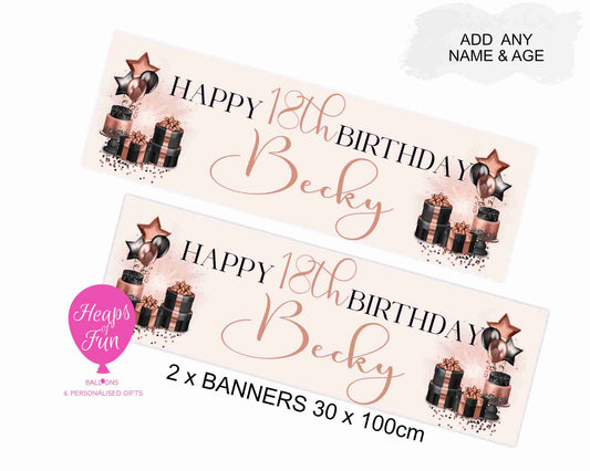 “Custom birthday banner with black and rose gold balloons – 18th, 21st, 30th celebration”