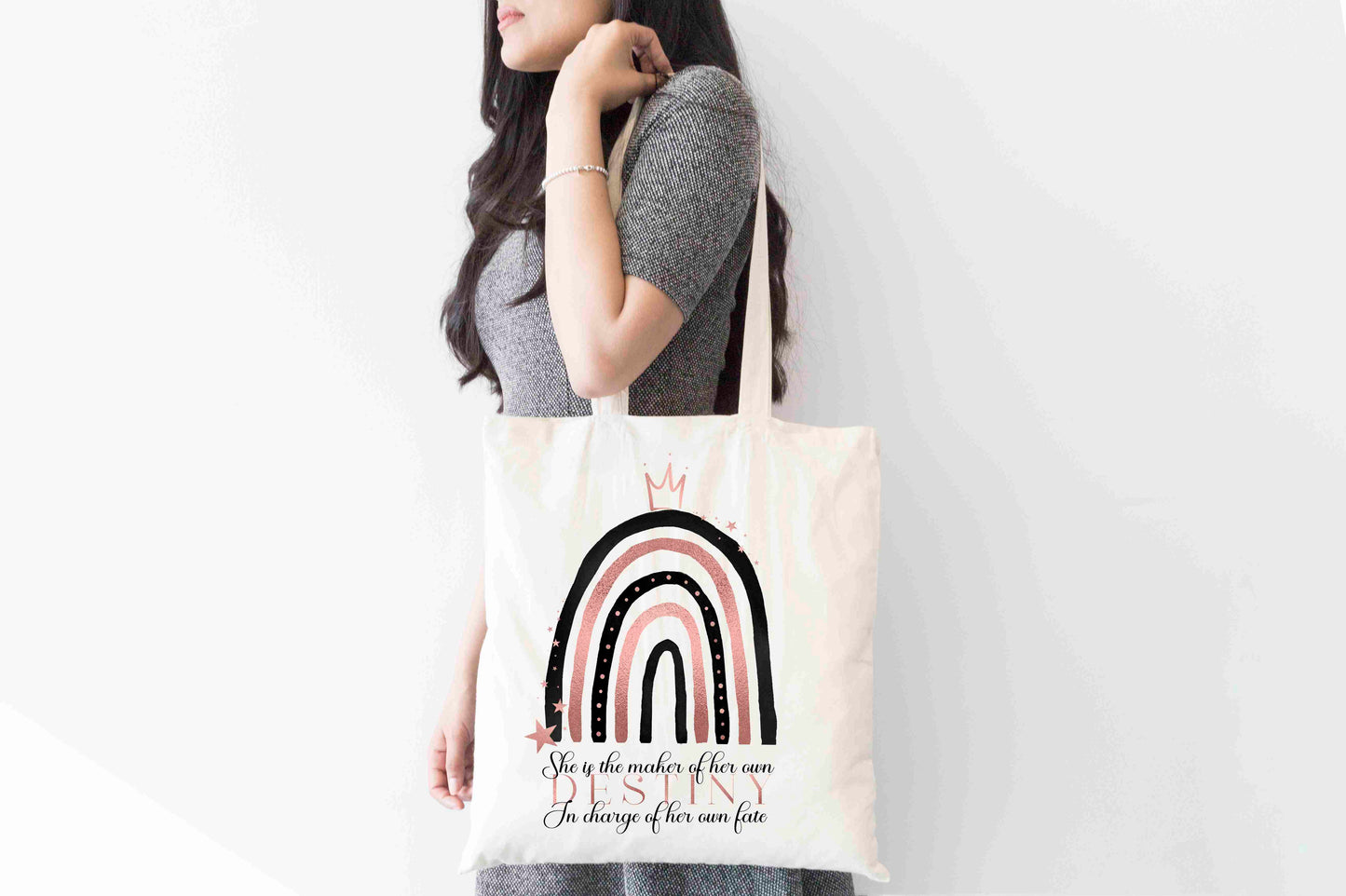 She Is the Maker of Her Own Destiny Tote – Black & Rose Gold Rainbow