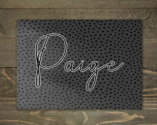 Personalised glass makeup board with grey and black spot print and script name