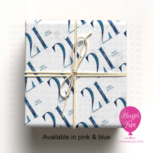 Personalised 21st Birthday Wrapping Paper – Pink or Blue – Custom Name Gift Wrap