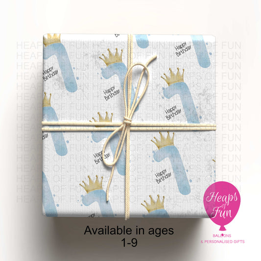 Personalised Prince Birthday Wrapping Paper – Blue Crown Age Gift Wrap (Ages 1–9)