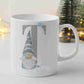 Personalised Christmas mug with grey gnome, silver glitter initial, teal snowflake and name