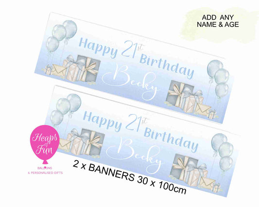 Personalised blue balloon and present birthday banner – custom milestone design 30x100cm”