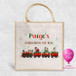 Personalised Christmas Eve bag with elves on a red and green Christmas train