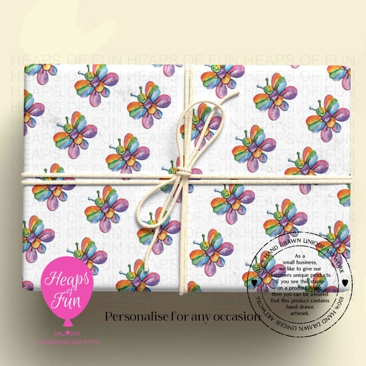 Personalised Cute Butterfly Wrapping Paper | Custom Name Gift Wrap for Birthday, Retirement ,  & Any Special Occasion,  Animal Gift Wrap , From £2.99