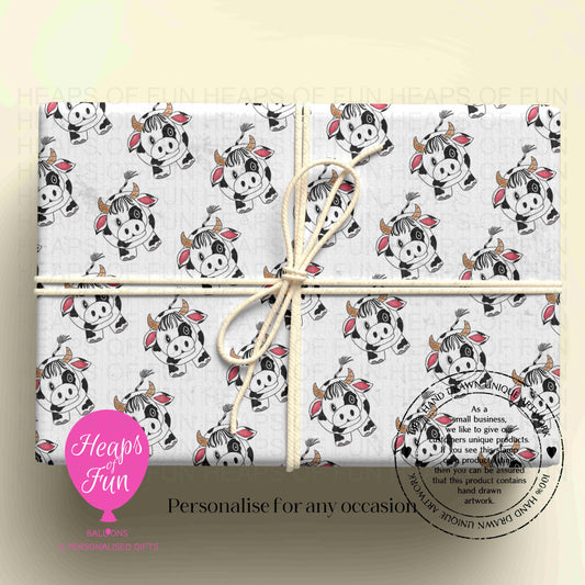 Personalised Cute Cow Wrapping Paper | Custom Name Gift Wrap for Birthday, Retirement ,  & Any Special Occasion,  Farm Animal Gift Wrap , From £2.99