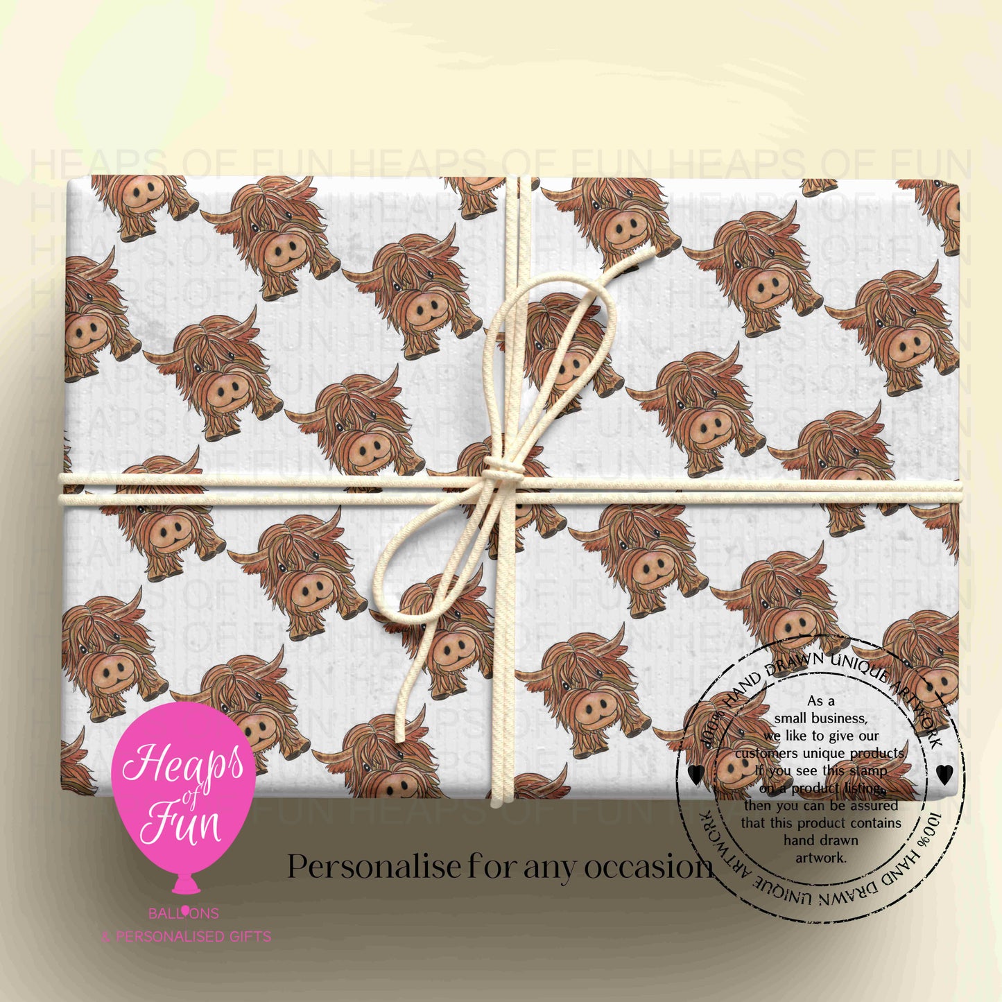 Personalised Highland Cow Wrapping Paper | Custom Name Gift Wrap for Birthday, Retirement ,  & Any Special Occasion,  Farm Animal Gift Wrap , From £2.99