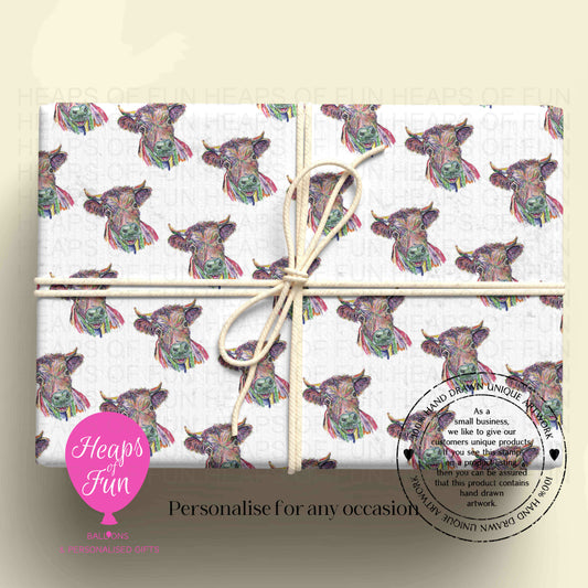 Personalised Colourful Cow Wrapping Paper | Custom Name Gift Wrap for Birthday, Retirement ,  & Any Special Occasion,  Farm Animal Gift Wrap , From £2.99