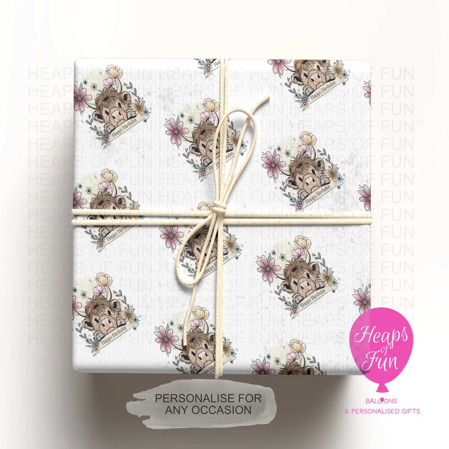 Personalised Highland Cow Wrapping Paper – Cute Floral Gift Wrap for Any Occasion