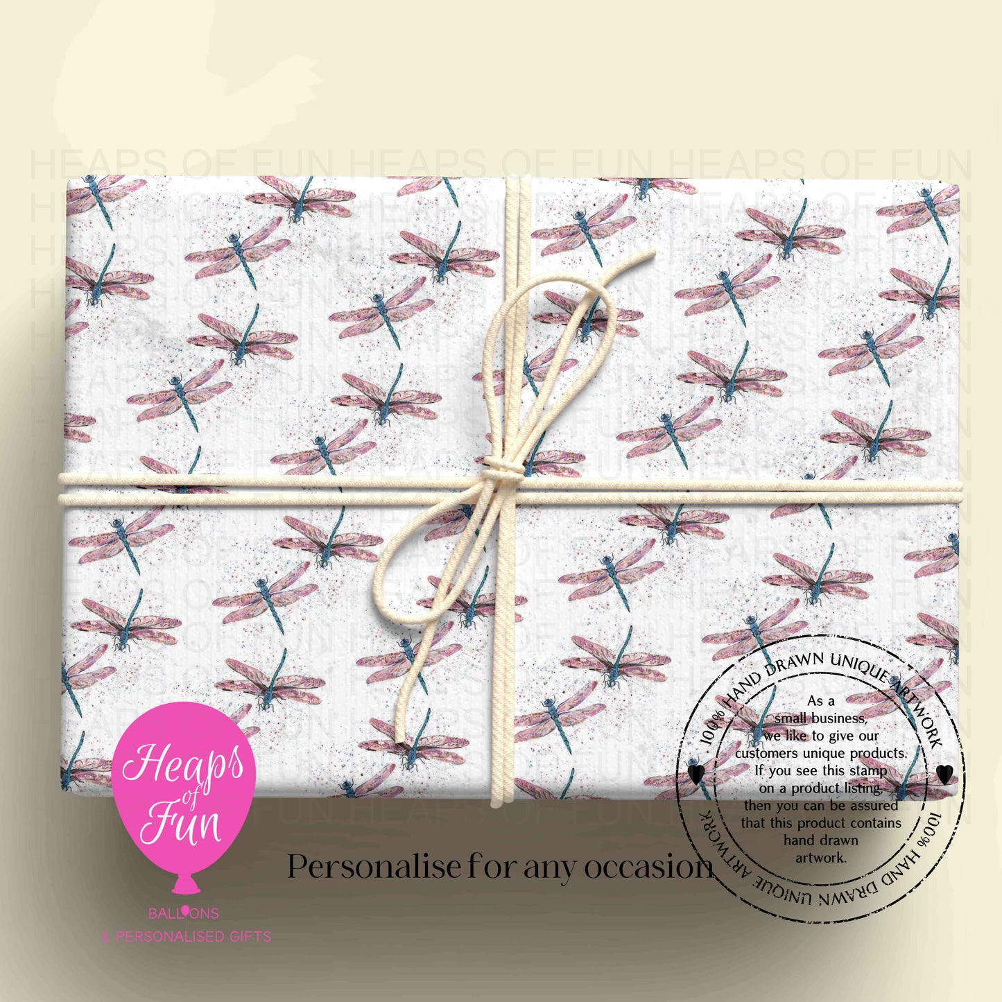 Personalised Dragonfly Wrapping Paper | Custom Name Gift Wrap for Birthday, Retirement ,  & Any Special Occasion,  Animal Gift Wrap , From £2.99