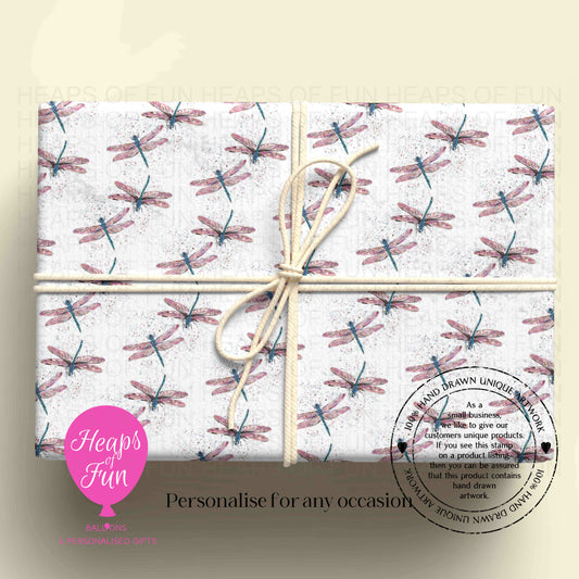 Personalised Dragonfly Wrapping Paper | Custom Name Gift Wrap for Birthday, Retirement ,  & Any Special Occasion,  Animal Gift Wrap , From £2.99