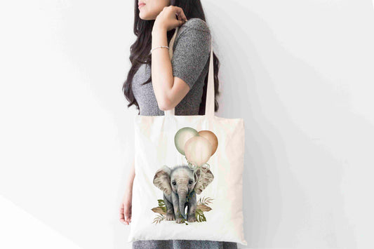 Baby Elephant Tote Bag – Cute Balloon Design, Boho Animal Gift